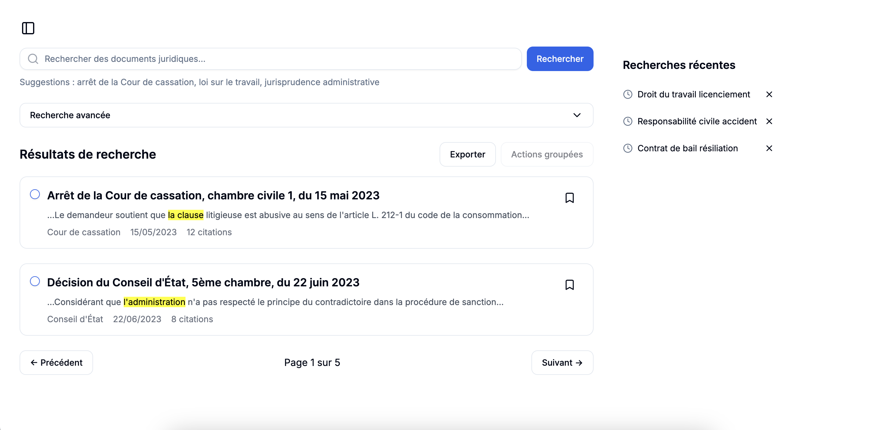 Interface recherche claire